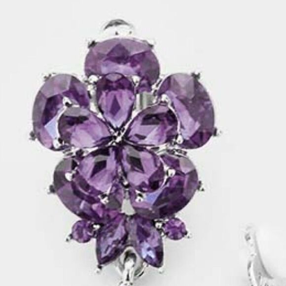 Flower Purple Crystal Teardrop Dangle Clip on Earrings  NWT - Picture 2 of 6